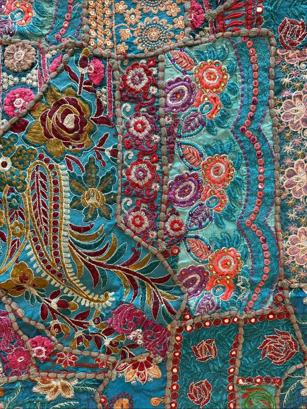 Handmade Vintage Pakistani Tribal Bridal Tapestry in Vibrant Blues & Pinks